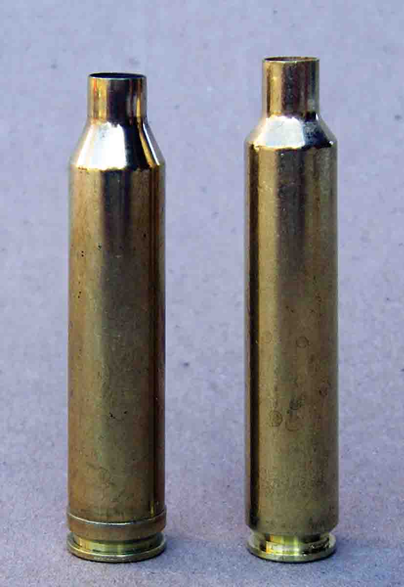 The 6.5 Weatherby RPM case (right) has slightly less powder capacity than the .264 Winchester Magnum (left). Note the 35.25- degree shoulder angle of the 6.5 RPM.
